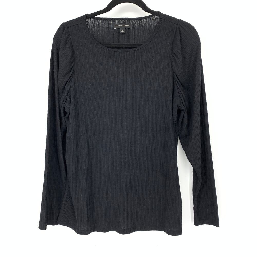 Banana Republic Ribbed Knit Long Sleeve Puff Sleeve Top Womens Sz Medium Black